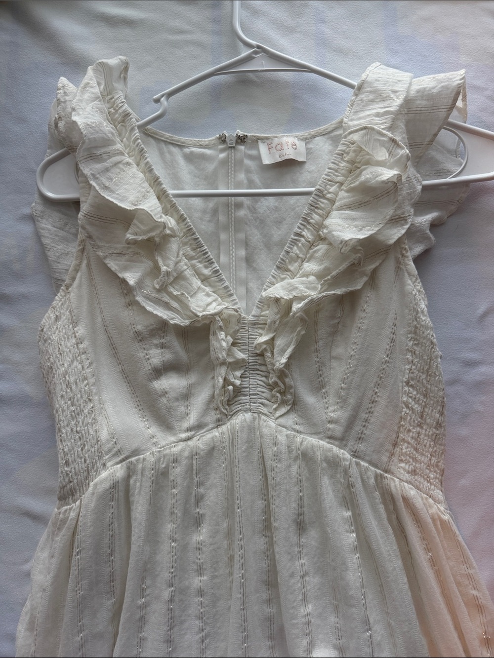 Fate White Silver Lurex Stripe Tiered Maxi Dress Smocked Bodice Ruffle V Neck Sm